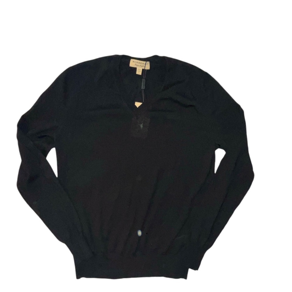 Burberry Wool V Neck Knit Sweater Black Size Small New With Tags